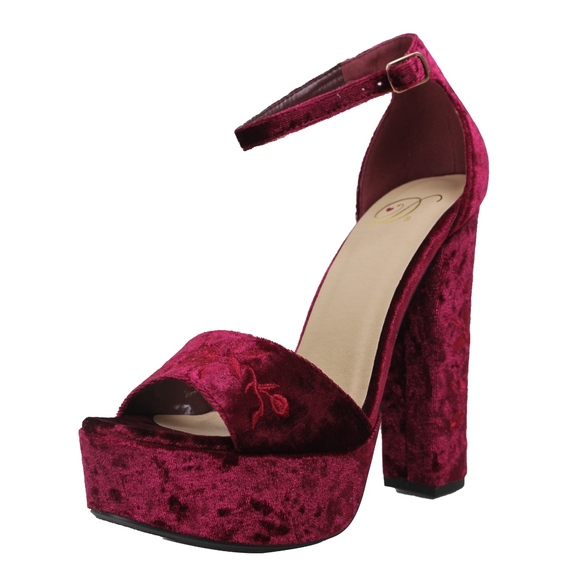 Shoes - Burgundy Velvet Open Toe Ankle Strap Platform Heel